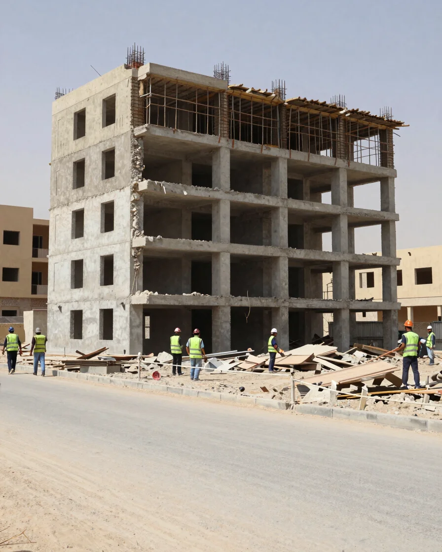 Wide documentary photograph of a partially demolished reinforced
