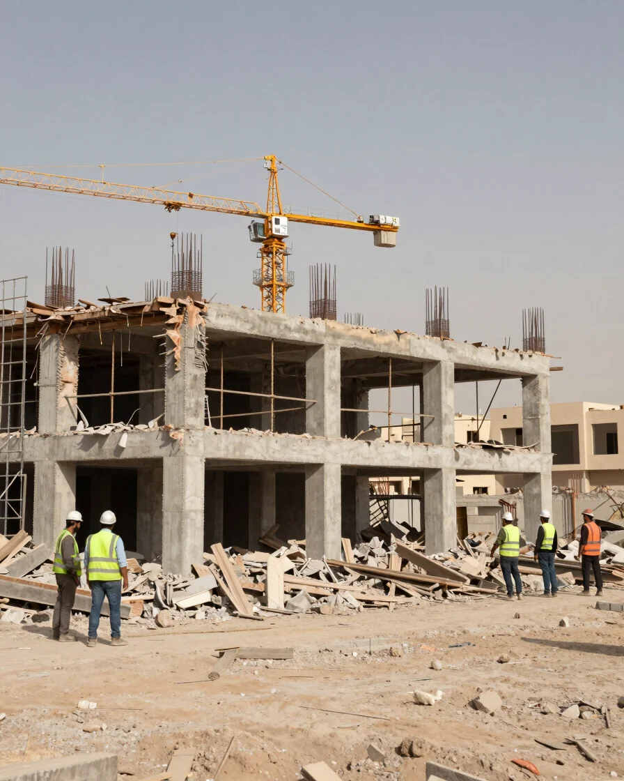 Wide late-afternoon photograph of a demolition site in Riyadh, a