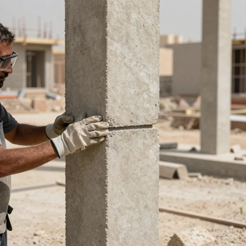 Close-up detail of a concrete column being carefully sectioned at
