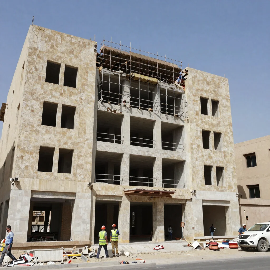 Wide shot of a commercial building facade being dismantled in Riy