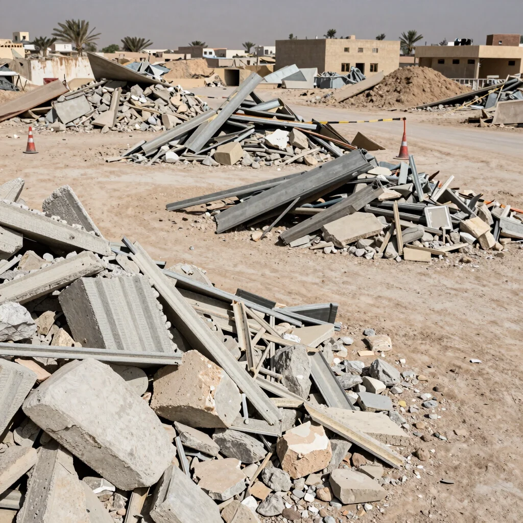Detail of a stacked and sorted debris area at a Dammam demolition