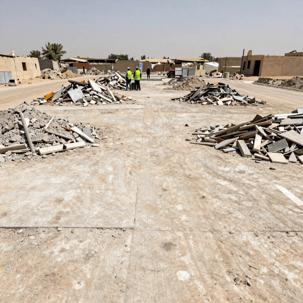 Wide environmental photograph of a demolished warehouse floor in